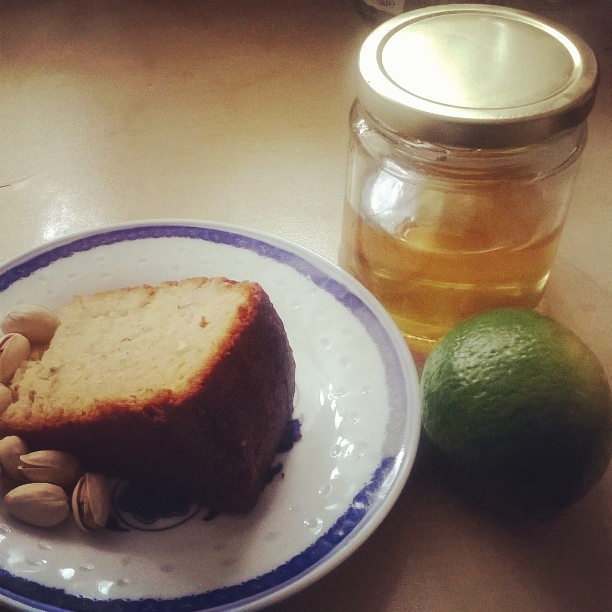 Healthy lime, orange blossom and pistachio cake