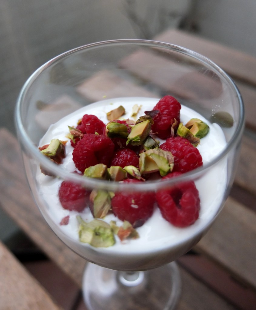 Raspberry, avocado mousse and pistachio verrines