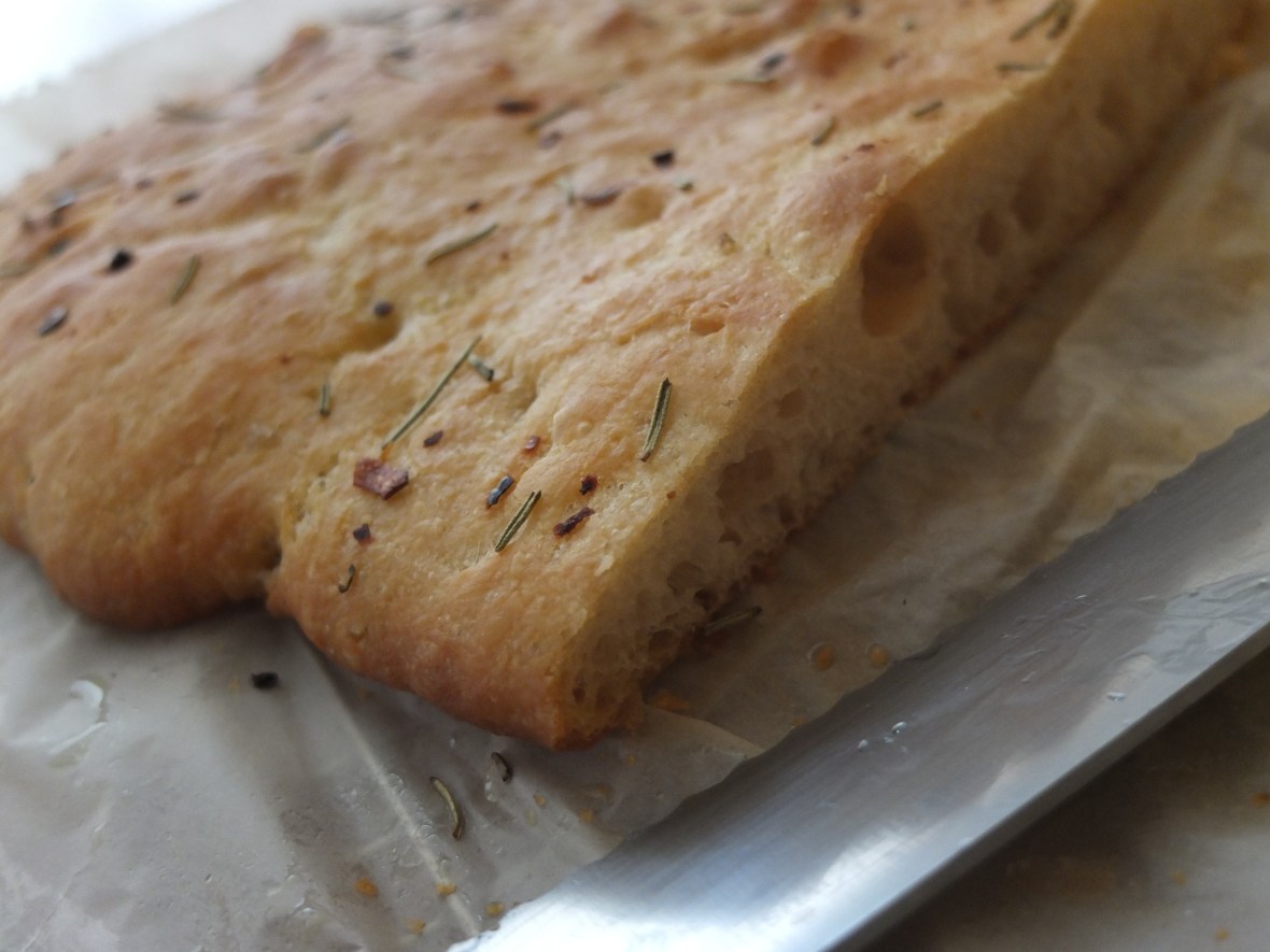Spelt focaccia with rosemary and red chilli pepper flakes
