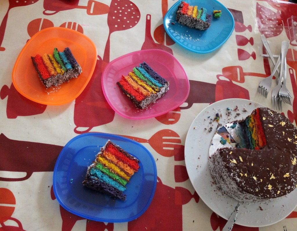 Rainbow cake table!