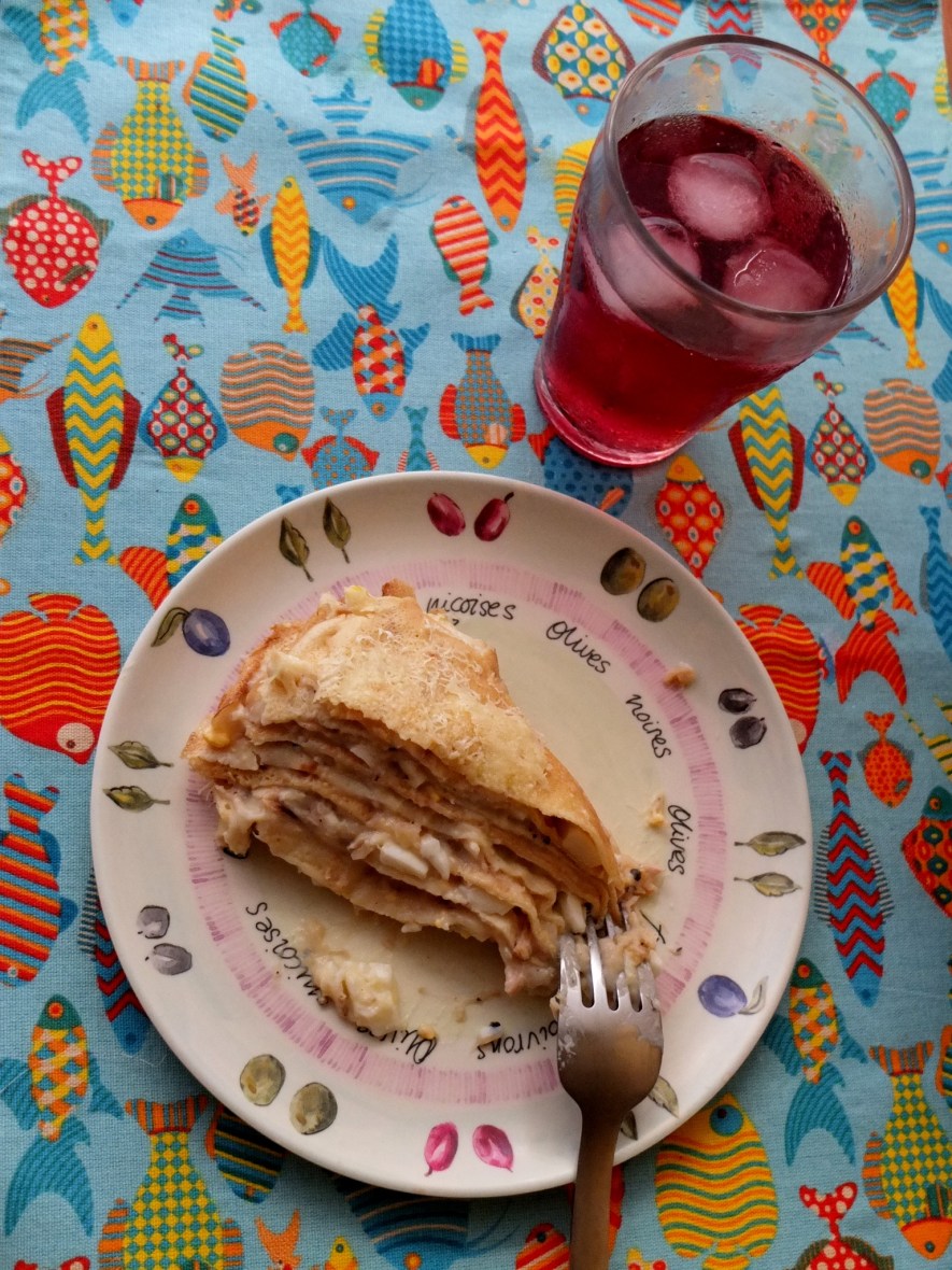 Tuna and egg crêpe cake