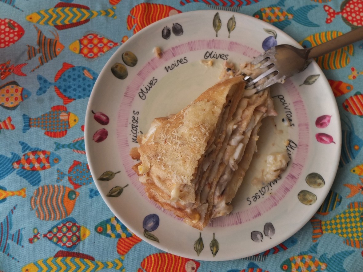 Tuna and egg crêpe cake