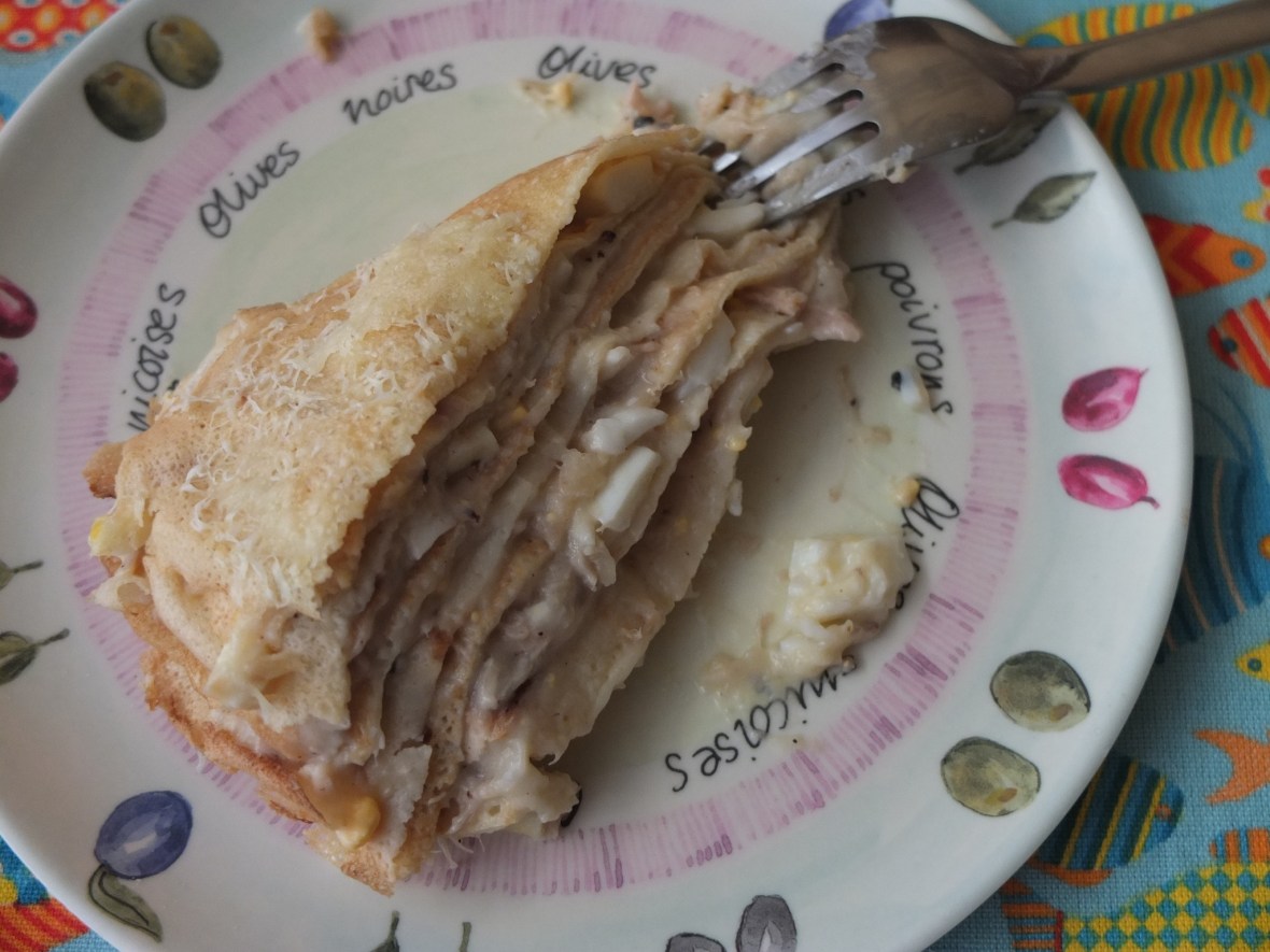 Tuna and egg crêpe cake