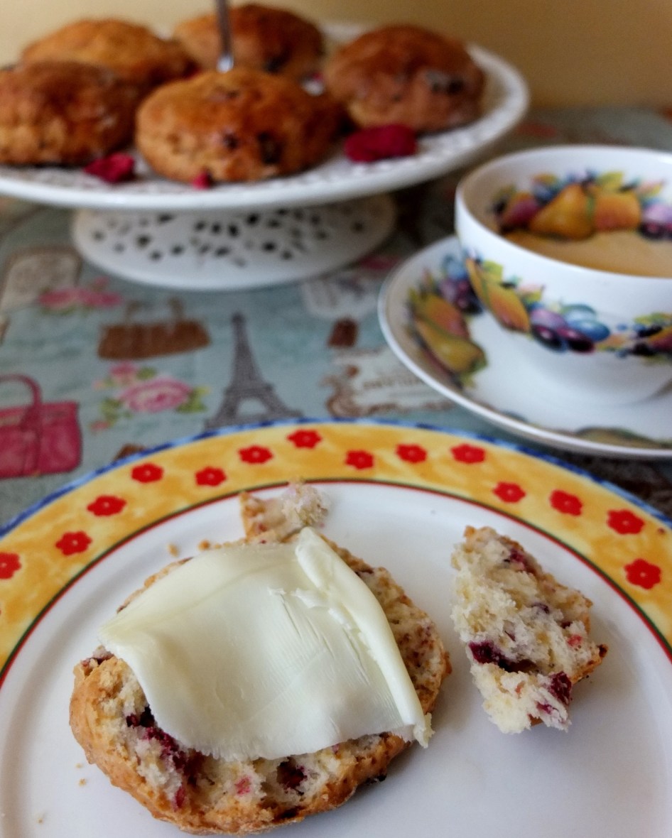 Ispahan raspberry, rose water and lychee scones