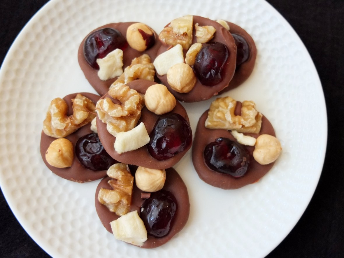 'British' walnut, hazelnut, glacé cherry and apple mendiants