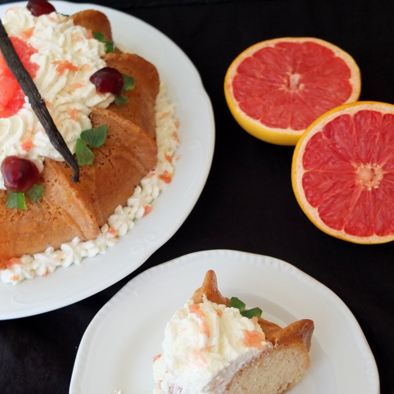 Pink grapefruit and kirsch savarin