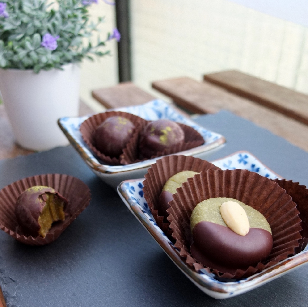 Healthier chocolate-covered matcha marzipans and date caramels