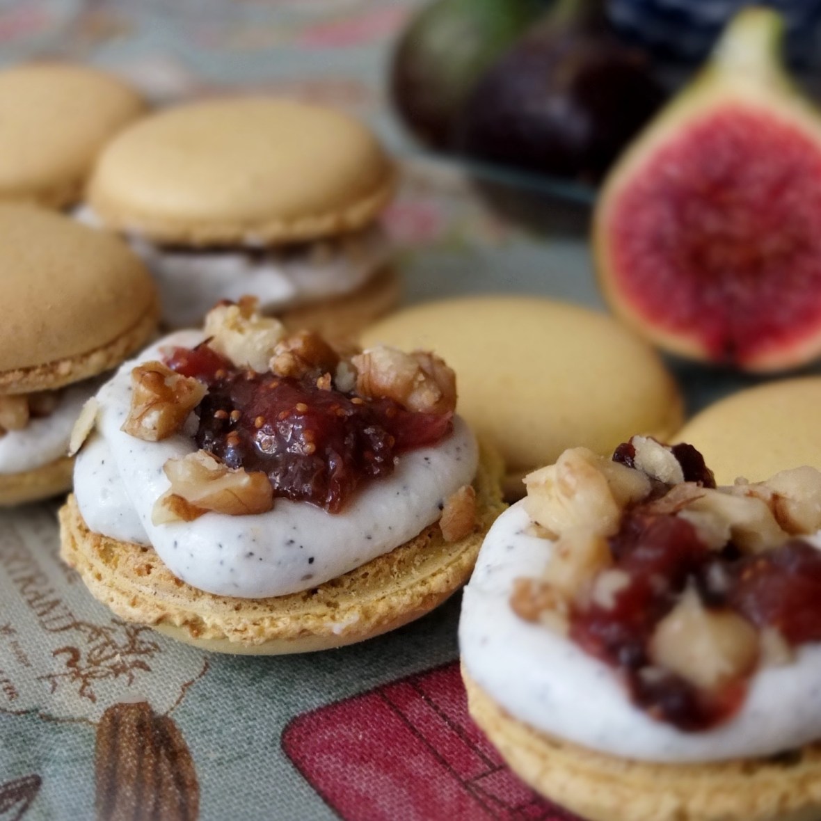 Goats' cheese macarons with fig, walnut and black sesame