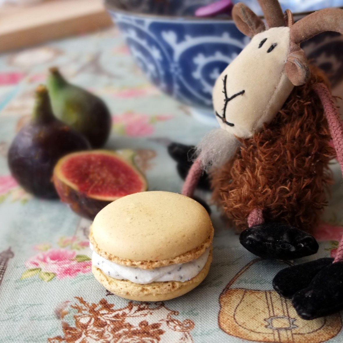 Goats' cheese macarons with fig, walnut and black sesame