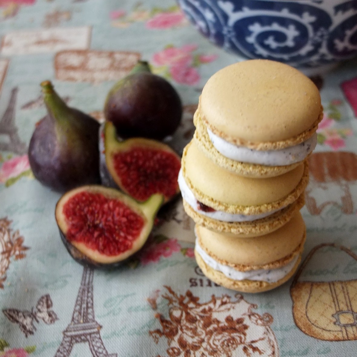 Goats' cheese macarons with fig, walnut and black sesame seeds