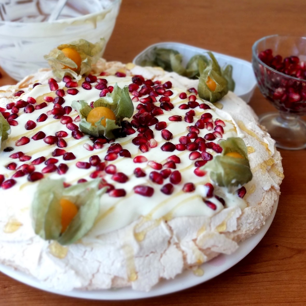 Pomegranate and passion fruit pavlova