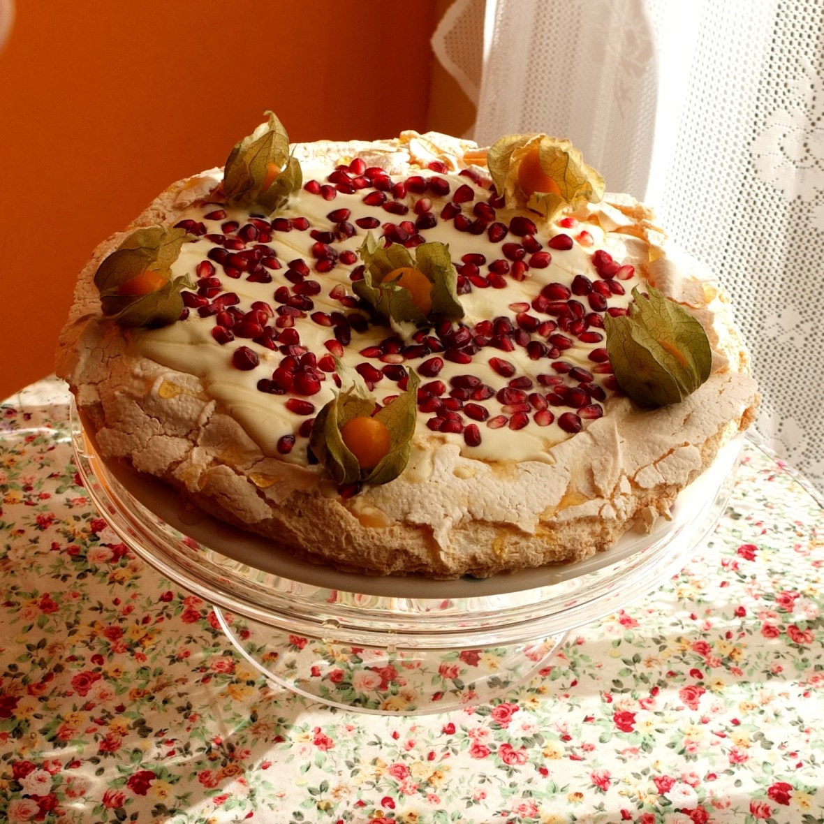 Pomegranate and passion fruit yoghurt pavlova