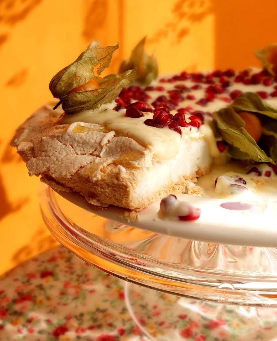 Pomegranate and passion fruit yoghurt pavlova