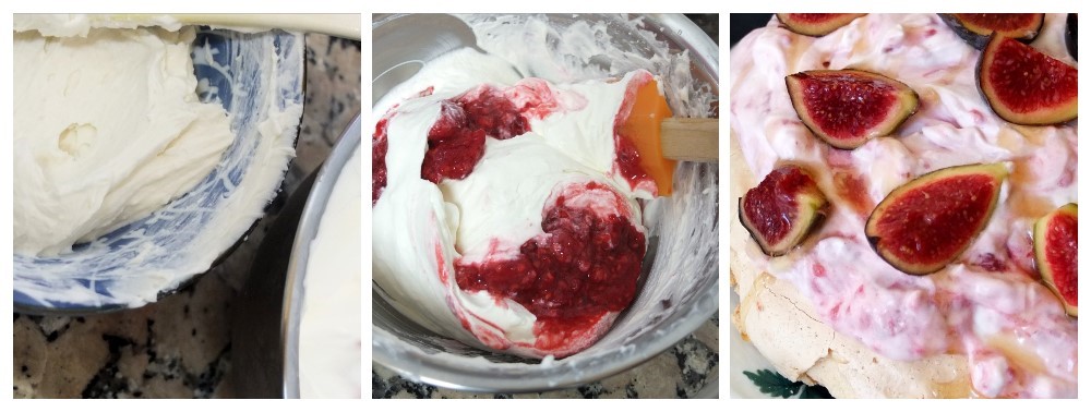 Raspberry and goats cheese pavlova topping