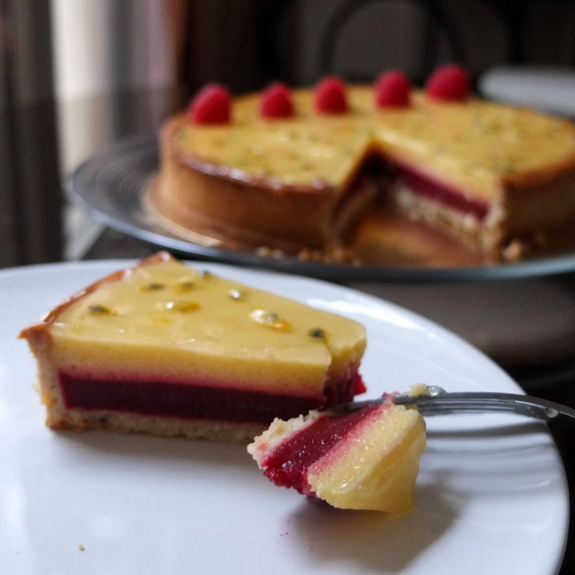Passion fruit and raspberry tart