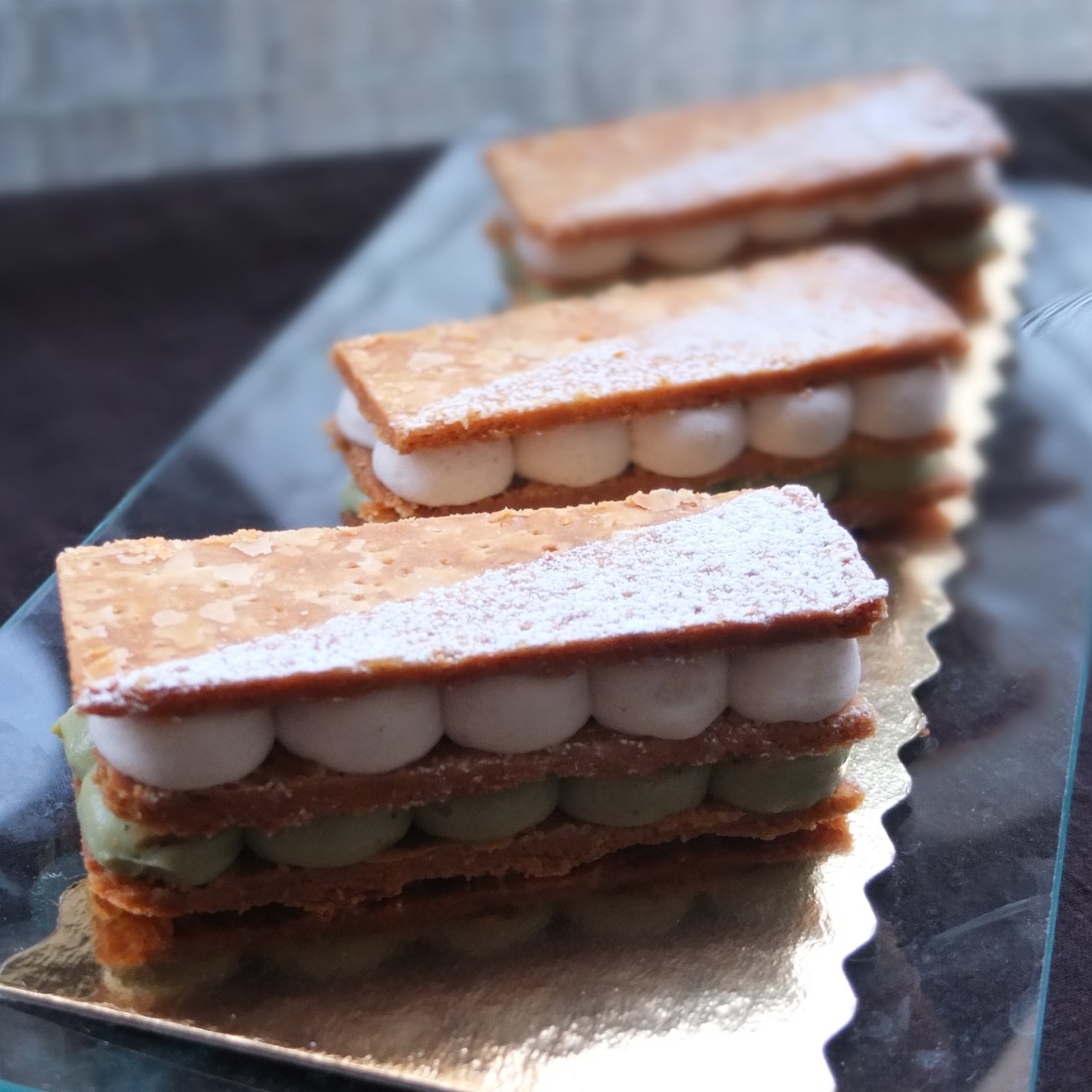 matcha white chocolate and chestnut millefeuilles