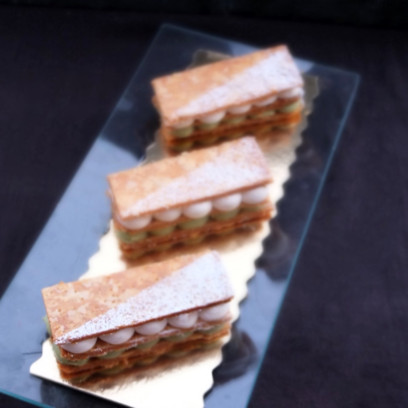 matcha white chocolate and chestnut millefeuilles
