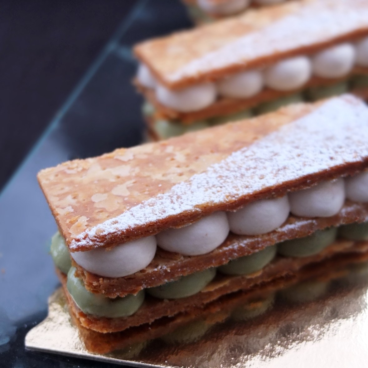 matcha white chocolate and chestnut millefeuilles