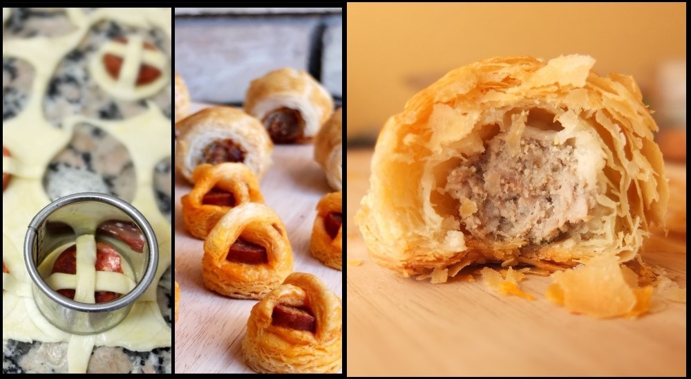 Chorizo bites and sausage rolls with inverted puff pastry