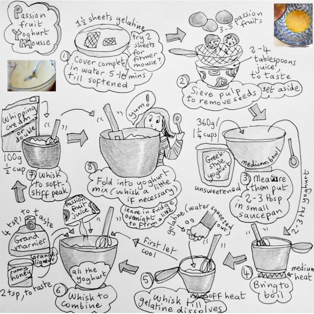 Passion fruit mousse illustrated recipe - black and white