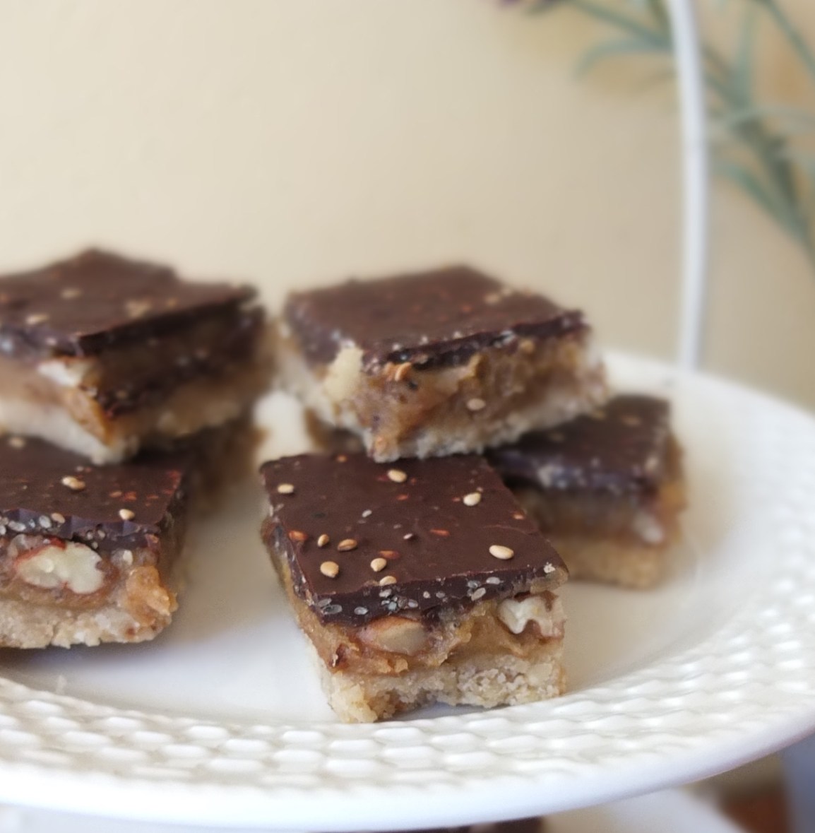 Healthy chocolate and nut caramel slices