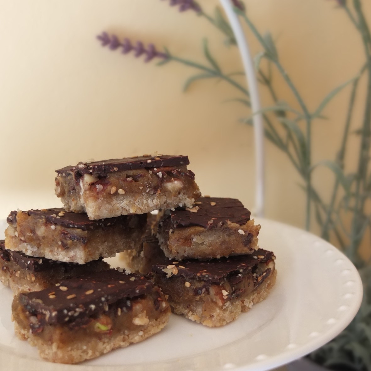 Healthy chocolate and nut caramel slices