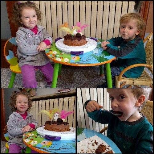 Eating the Easter chocolate and vanilla sponge cake