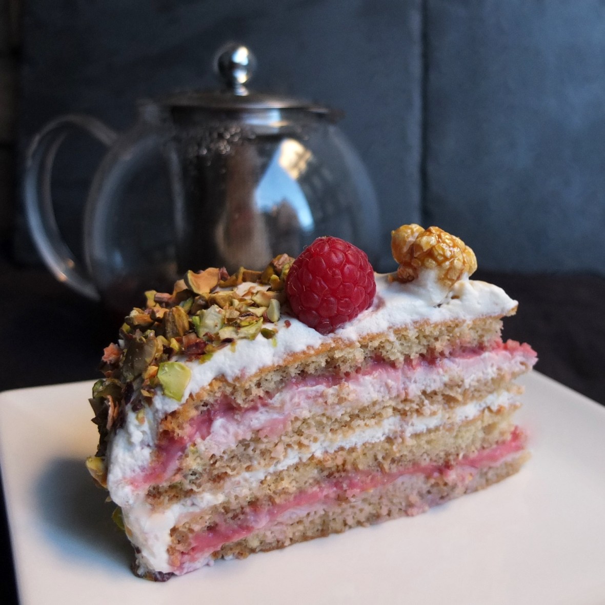 Masala chai, raspberry and pistachio layer cake
