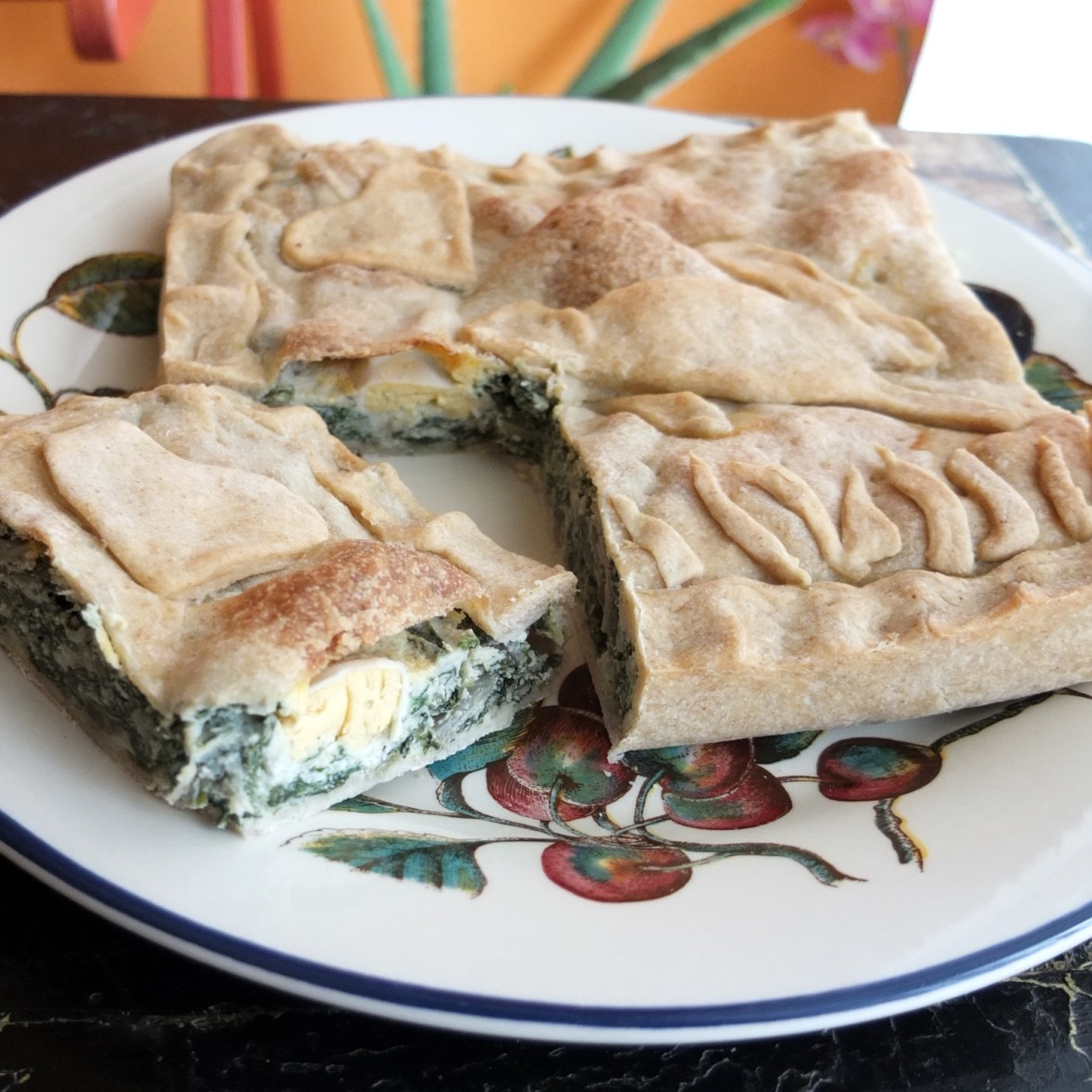 Torta pasqualina, Italian easter pie with swiss chard, cheese, quark and quail's eggs