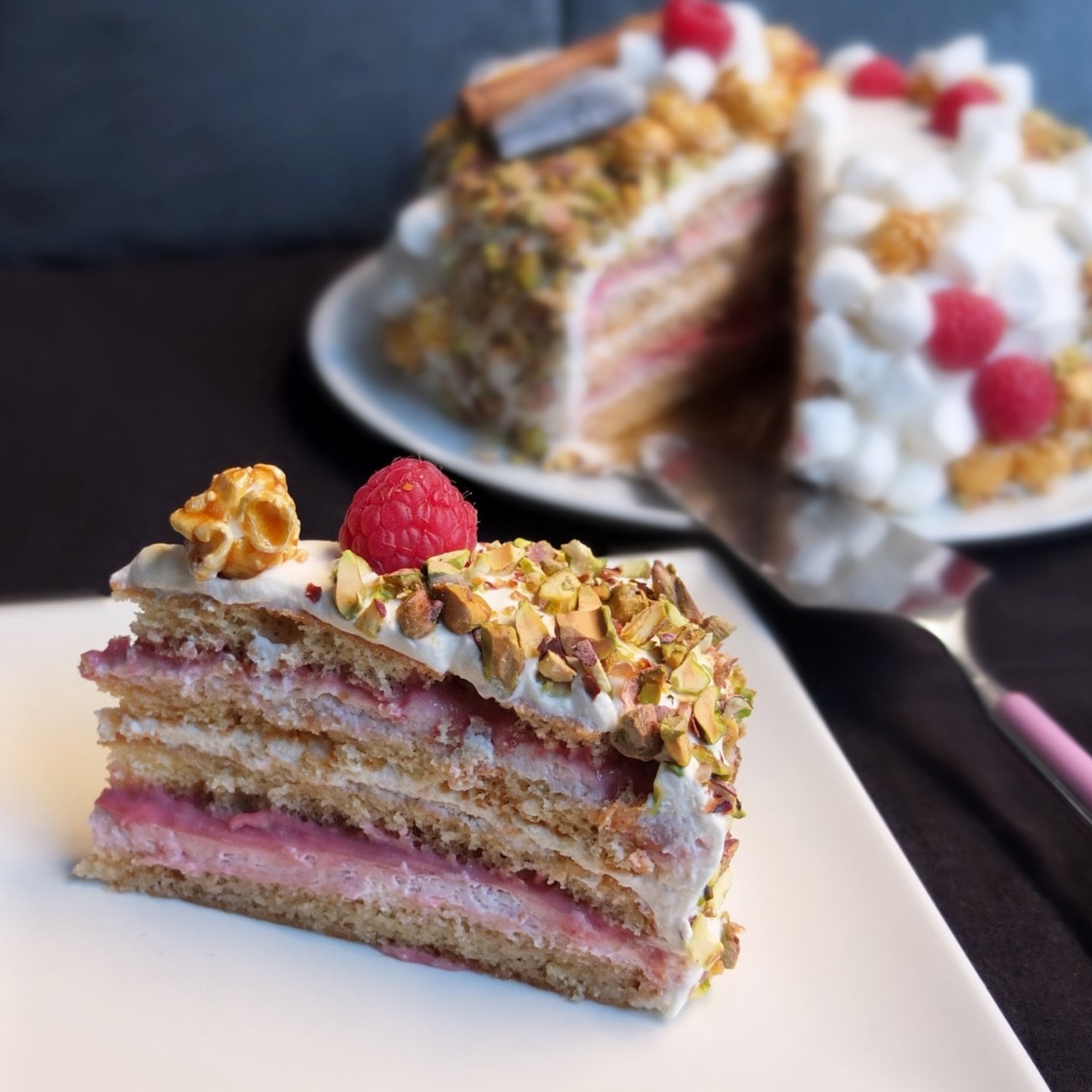 Masala chai, raspberry and pistachio layer cake