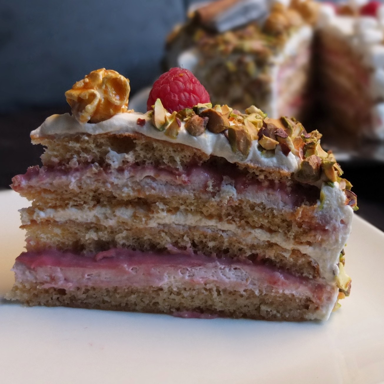 Masala chai, raspberry and pistachio layer cake