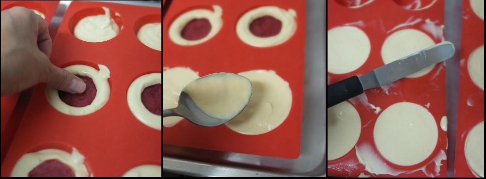 Assembling caramel and raspberry domes