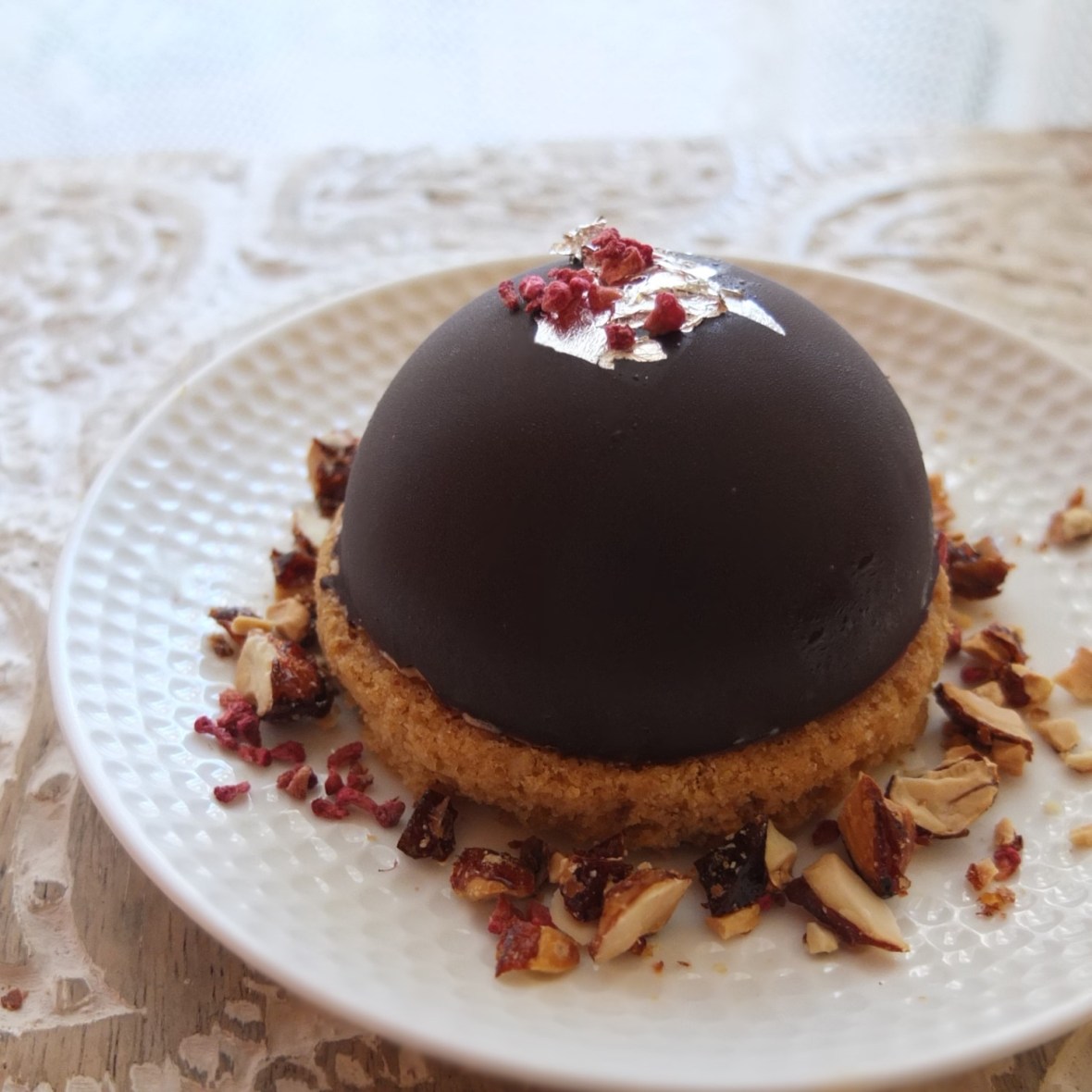 chocolate caramel-raspberry dome cake