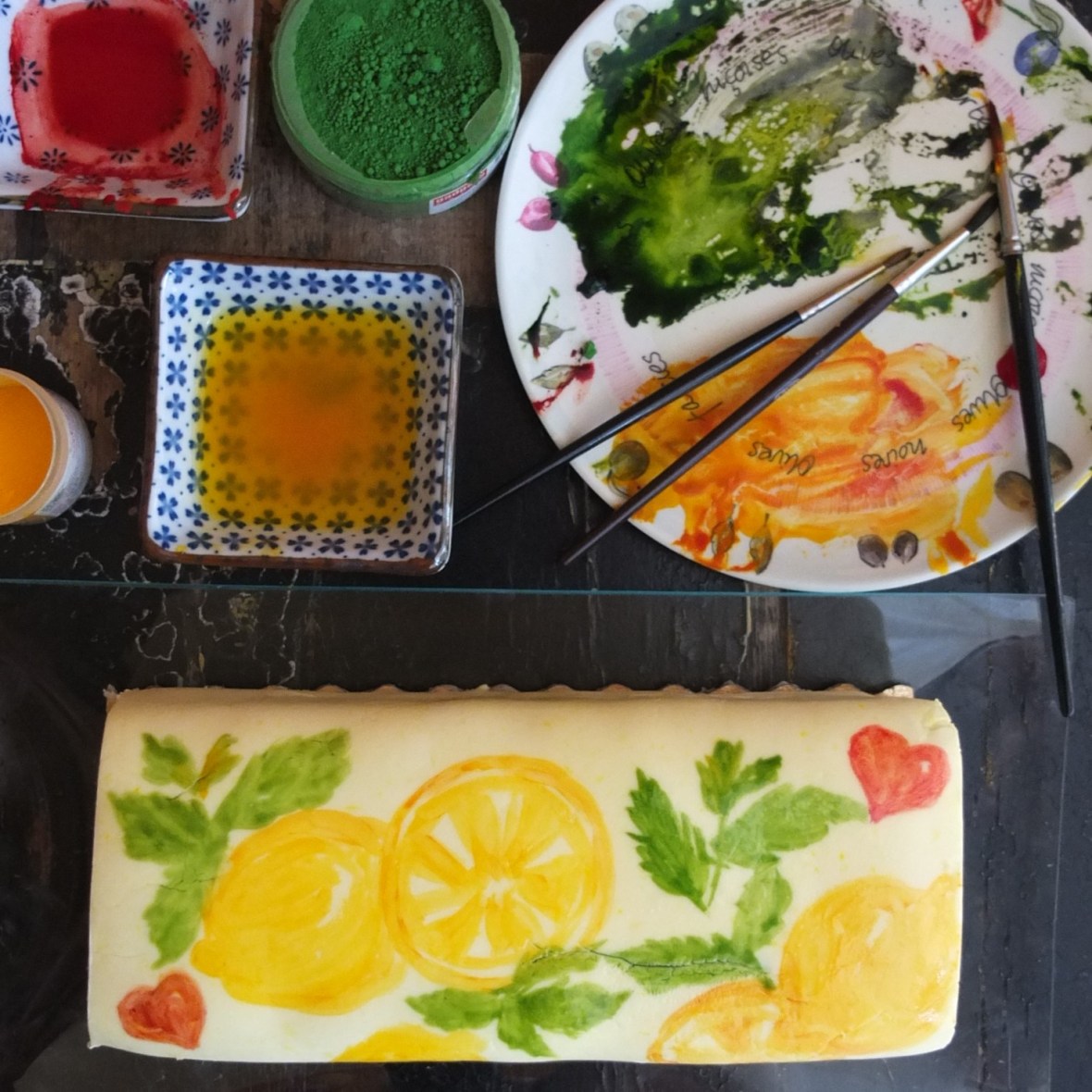 Painting a mojito lemon drizzle cake