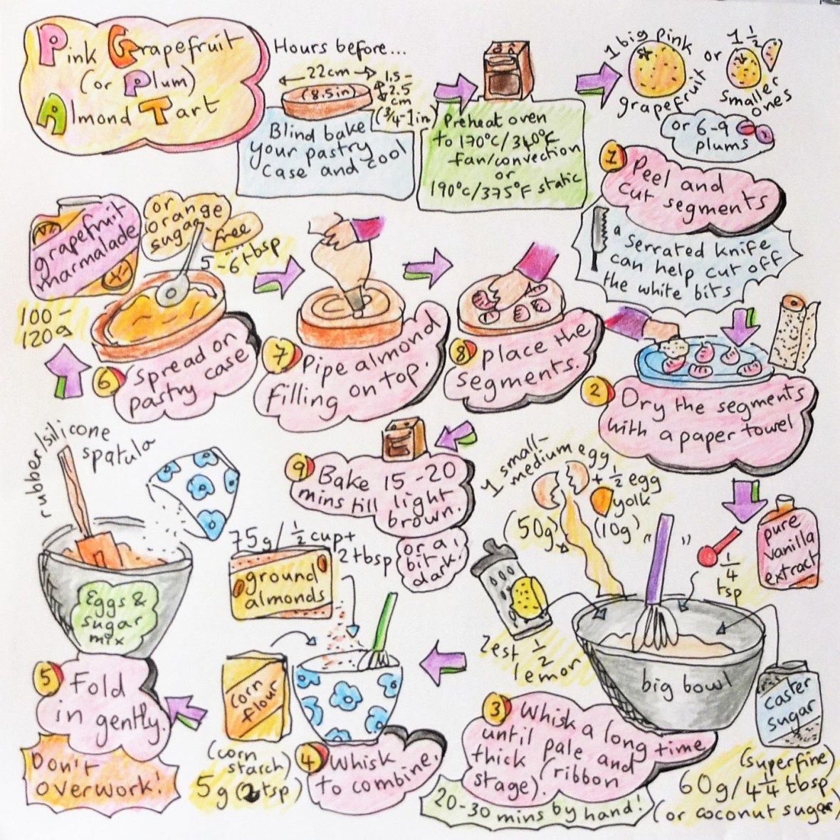 Healthier pink grapefruit or plum almond tart illustrated recipe