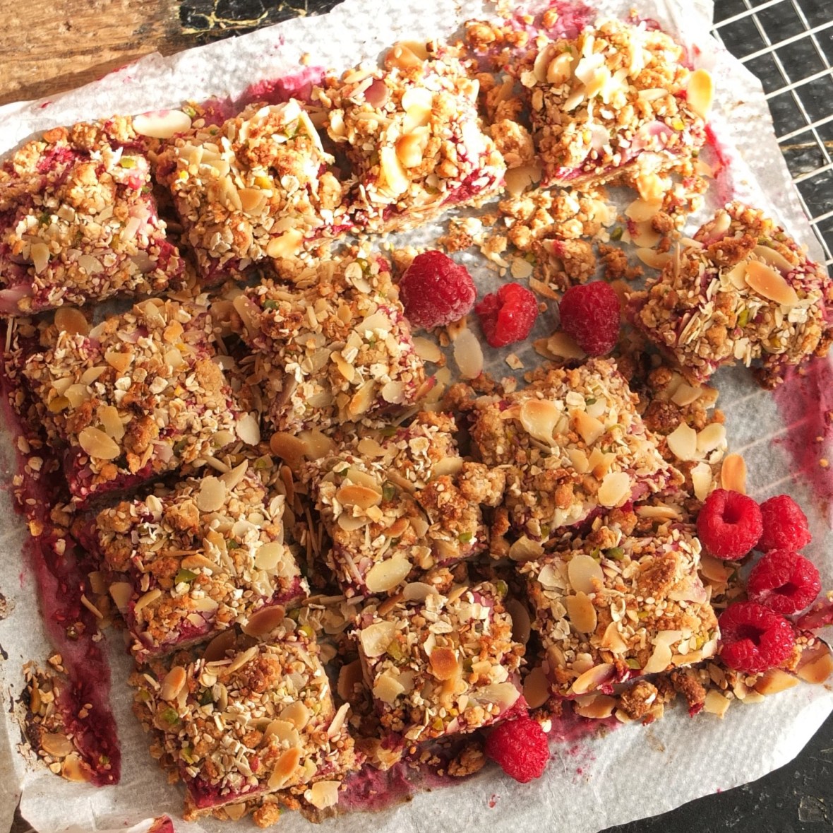 Healthy raspberry, oat and nut bars