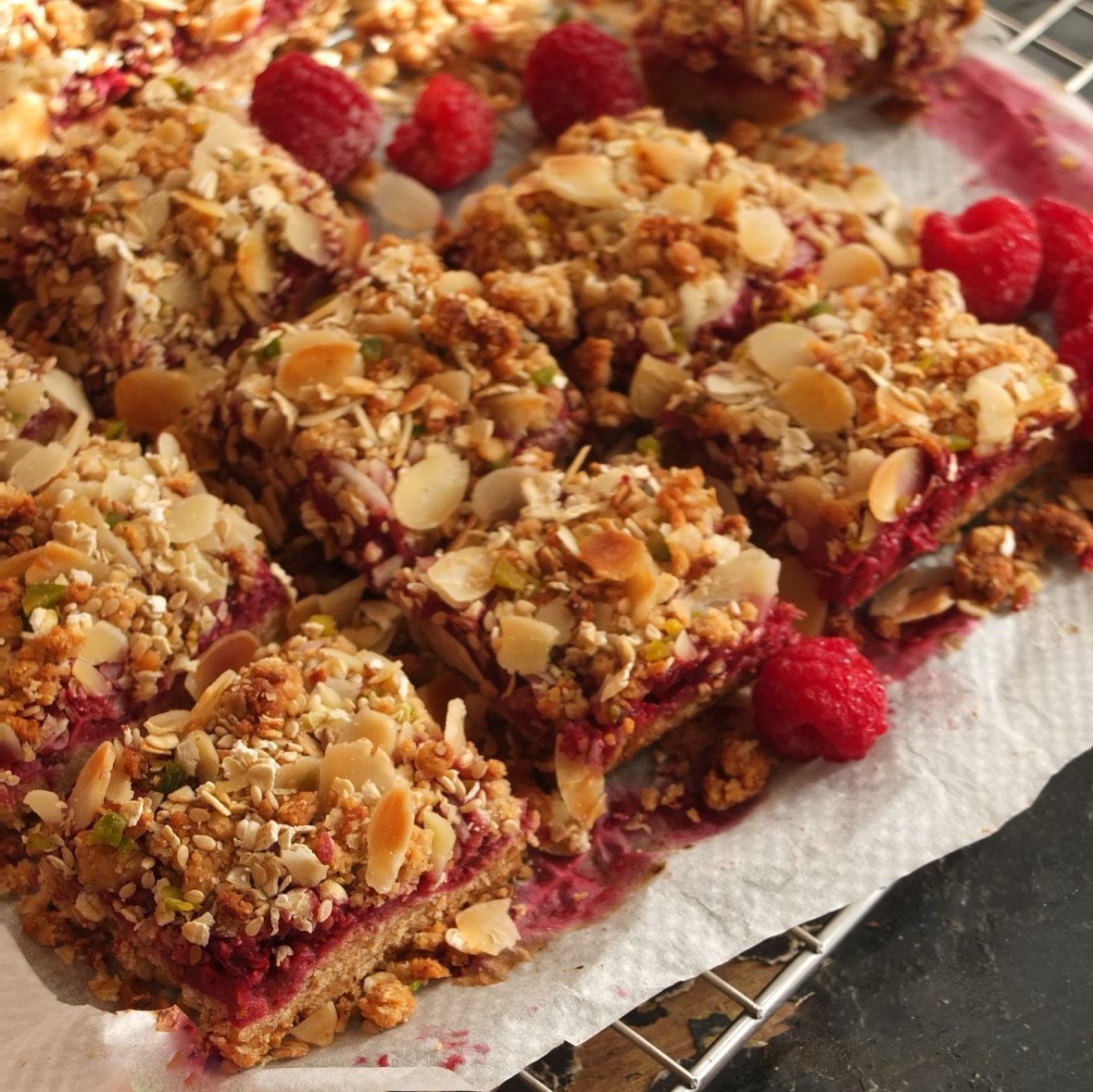 Healthy raspberry, oat and nut squares