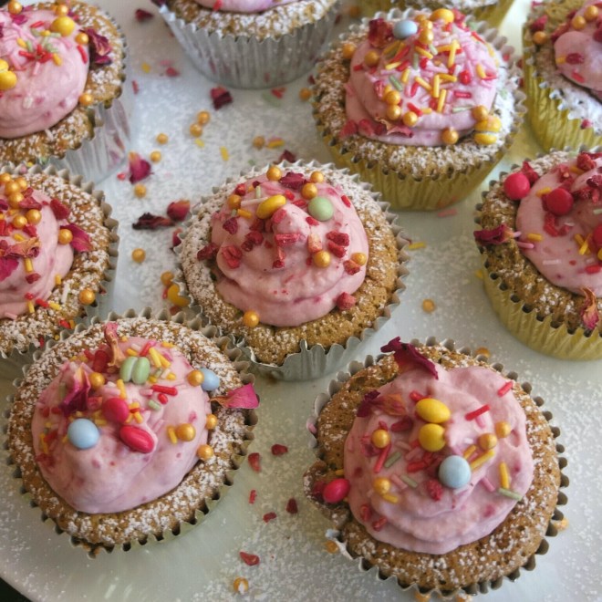 Sprinkle cloud cupcakes with matcha souffñé sponge and healthier raspberry frosting