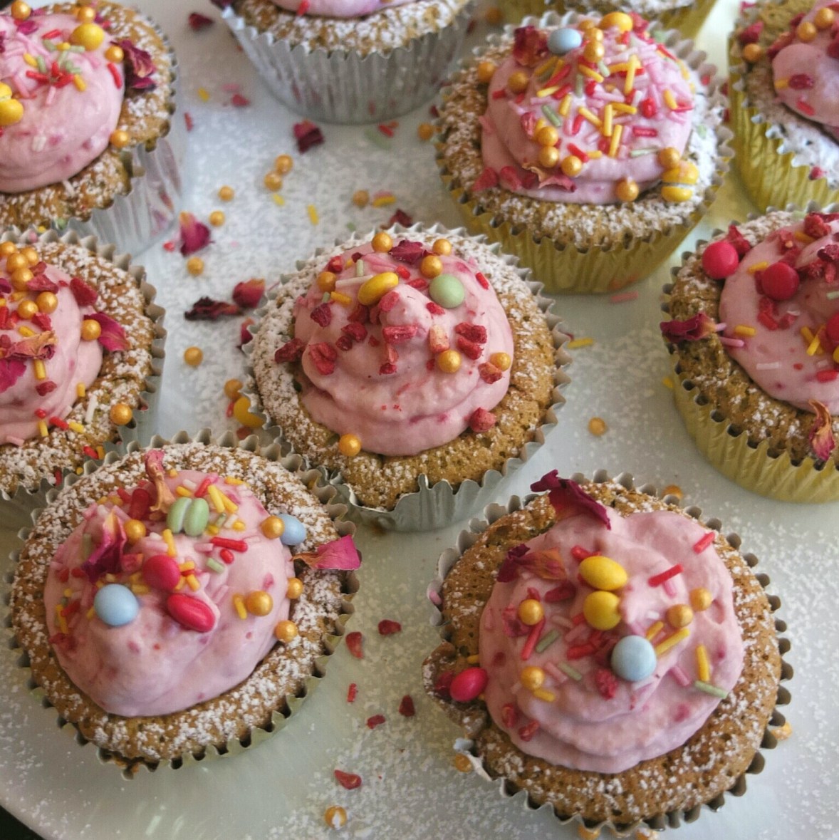Sprinkle cloud cupcakes with matcha souffñé sponge and healthier raspberry frosting