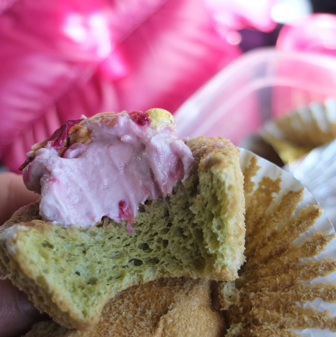Sprinkle cloud cupcakes with matcha souffñé sponge and healthier raspberry frosting