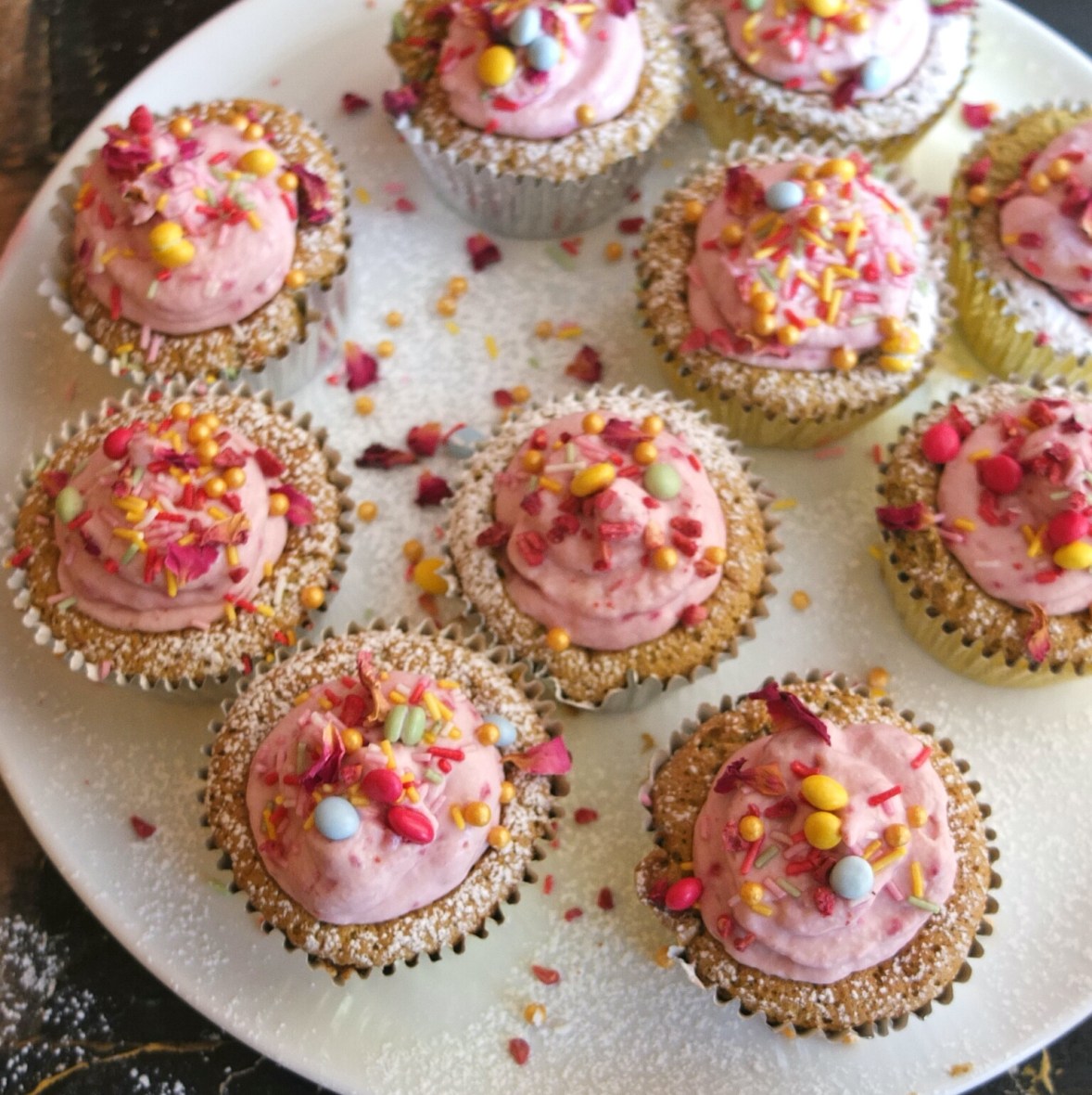 Sprinkle cloud cupcakes with matcha souffñé sponge and healthier raspberry frosting