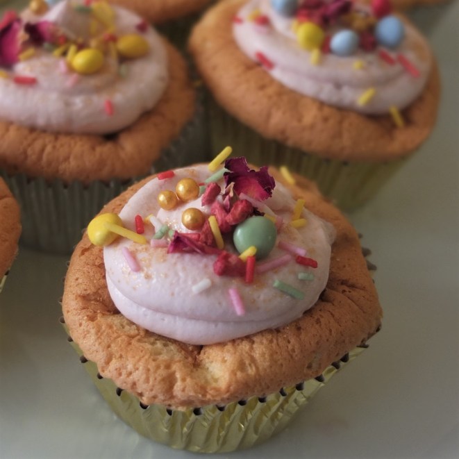 Sprinkle cloud cupcakes with matcha souffñé sponge and healthier raspberry frosting