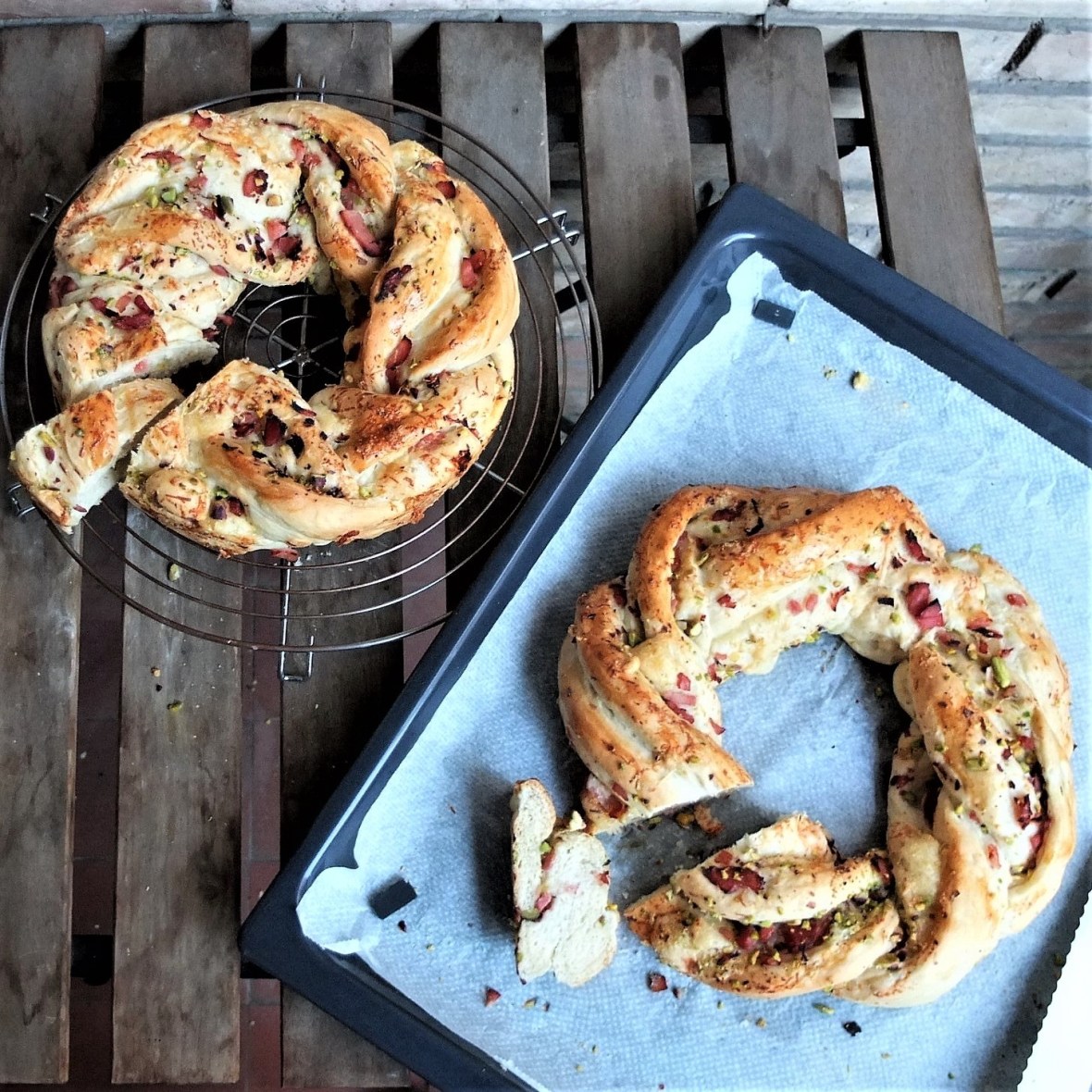 Ham, cheese and pistachio bread wreath prototypes 3 and 4