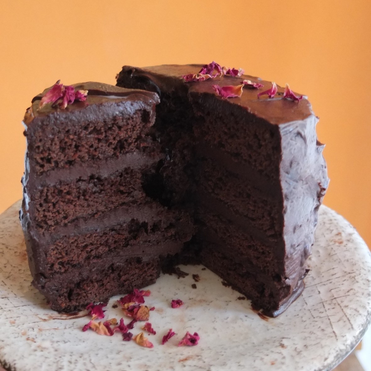 Vegan chocolate layer cake with aquafaba, spelt flour and coconut palm sugar