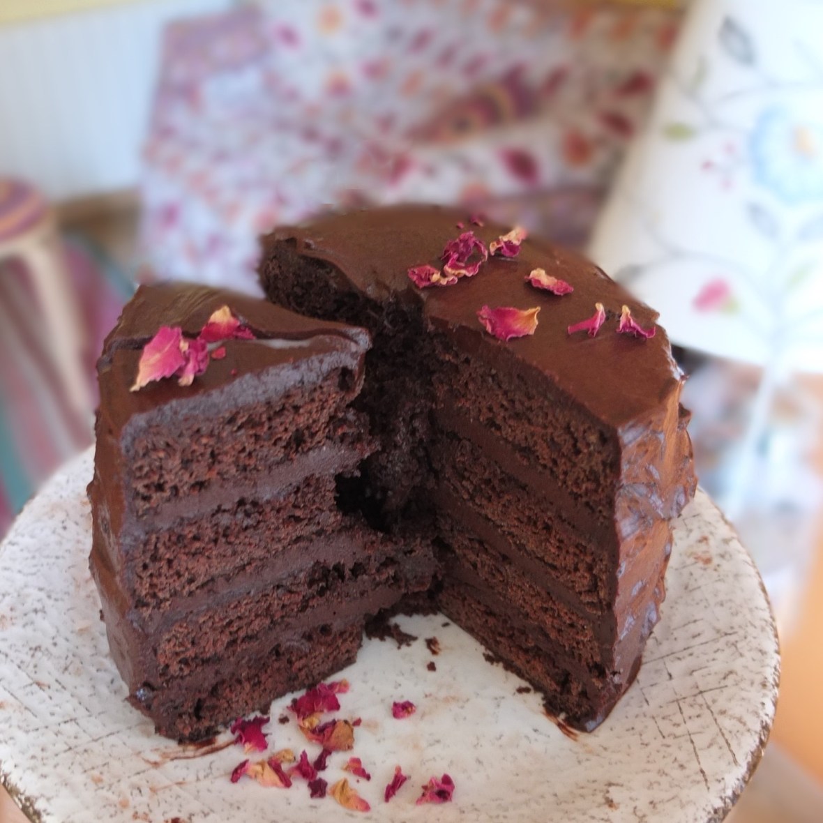 Vegan chocolate layer cake with aquafaba, spelt flour and coconut palm sugar