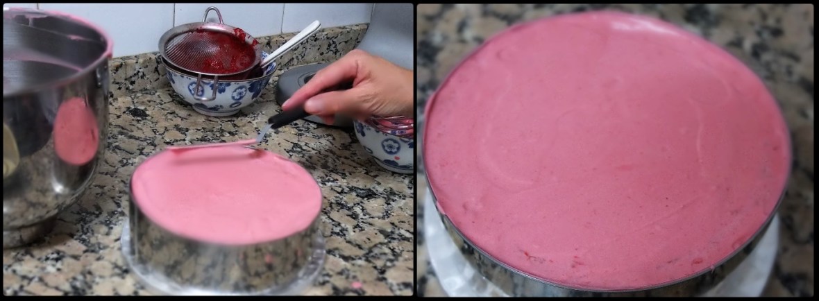 Assembling 3 ultra raspberry cloud mousse cake