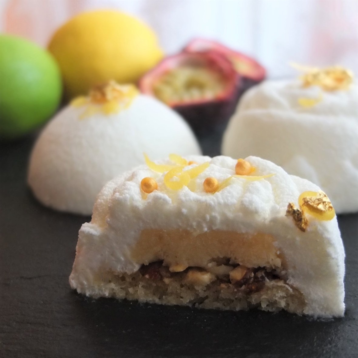 Citrus passion, lemon-lime passionfruit mousse cakes