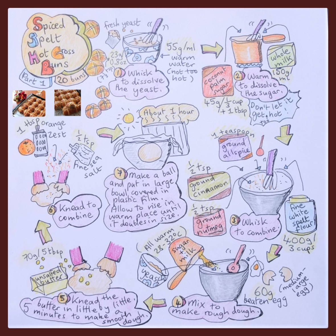Spelt hot cross buns illustrated recipe part 1
