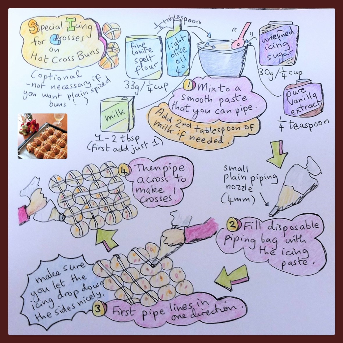 Spelt hot cross buns illustrated recipe special cross icing