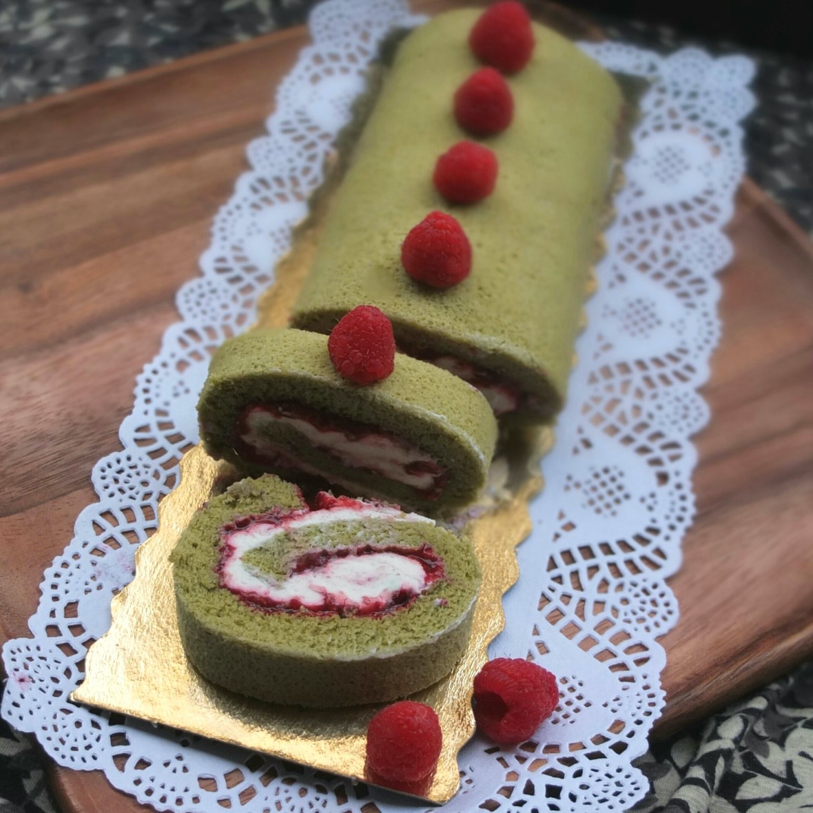 Matcha, raspberry and ricotta cream swiss roll